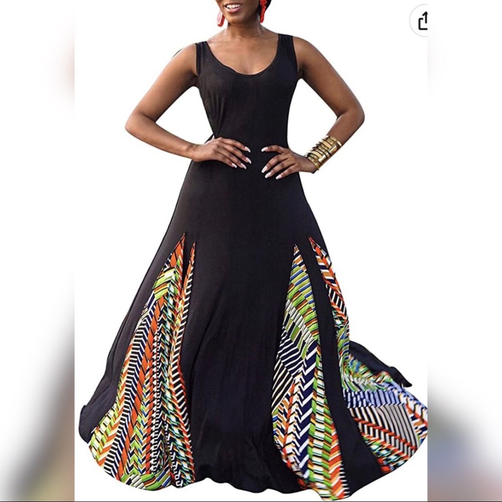 Long Stretchy Black Sleeveless Tribal Print Flare Bottom Maxi Dress Large